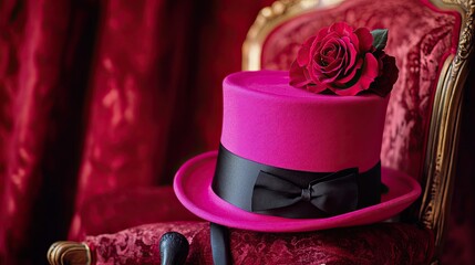 A vibrant pink top hat with a black ribbon and rose