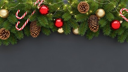 Christmas festive border with fir tree branches, golden and red baubles, natural pinecones, sweet candy canes, and twinkling fairy lights.