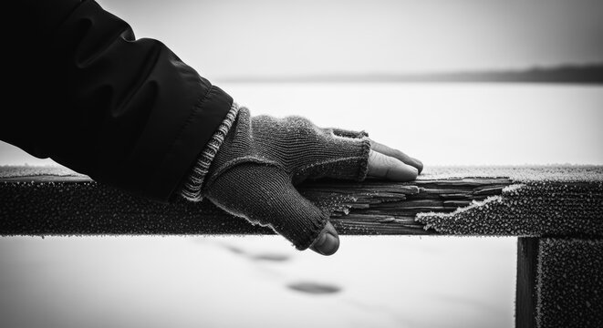 A grayscale view of a gloved hand resting on a weathered railing, evoking a sense of solitude, resilience and introspection.