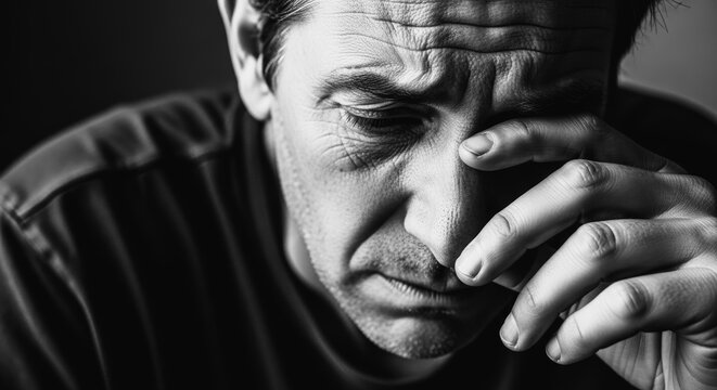 A pensive man, captured in a monochrome portrait, conveys deep emotion, his hand gently touching his face, the epitome of introspection and quiet contemplation.