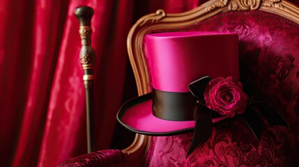 A vibrant pink top hat with a black ribbon and rose