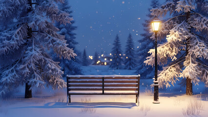 Snow-covered park with bench and streetlamp in winter evening