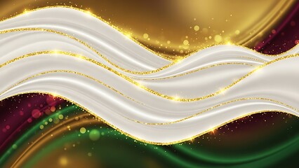 Elegant flowing white ribbon with golden glitter accents on a luxurious abstract background of gold and deep green