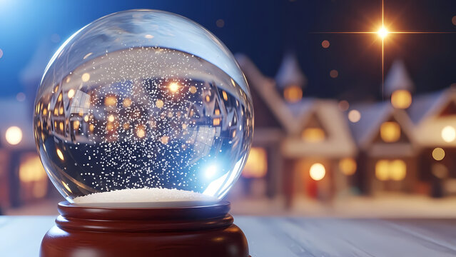 Snow globe with snow falling and illuminated houses in the background  