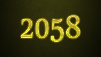 Neon glowing yellow number of 2058 on dark background.