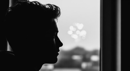 A contemplative silhouette of an individual gazes out a window, lost in introspection and framed against the backdrop of an out-of-focus city lights, evoking a sense of solitude and thoughtfulness.