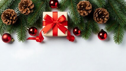 Holiday gift box with red ribbon, fir branches, pine cones, and red baubles on a white backdrop, symbolizing christmas, generosity, and seasonal cheer.