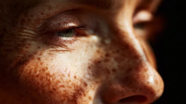 Captivating Close-Up of a Freckled Face Lit by Natural Light, Highlighting the Intricate Textures and Unique Features of Skin Under Soft Shadows and Warm Tones