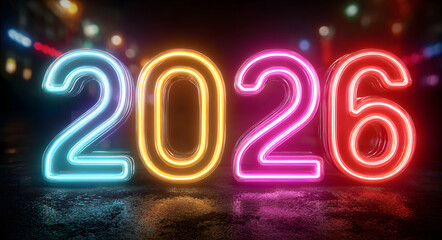 happy new year 2026, neon celebration, futuristic design, glowing lights, cyber party, vibrant fireworks, 2026 neon numbers, modern illustration, holiday background, new year vector scene, festive