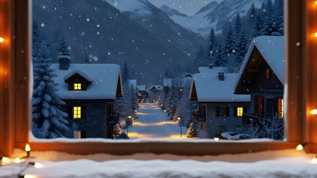 Cozy view from a window frame adorned with warm string lights overlooking a snowy mountain village street during a gentle winter snowfall at dusk - Powered by Adobe