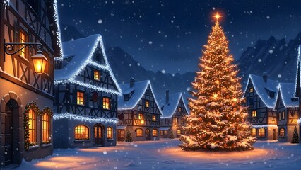 Naklejka premium Magical winter night scene in a quaint european village square featuring a brightly lit christmas tree and snowcovered, halftimbered houses under falling snow
