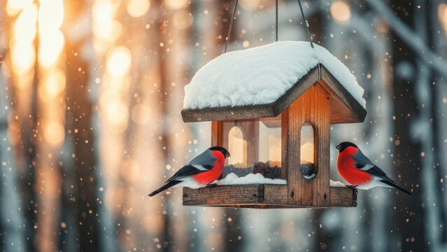 Two bullfinches perched on a snow covered bird feeder in a winter scene with falling snow and bokeh lights