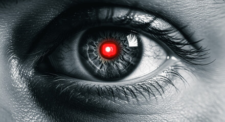 A close-up view of an artificial eye, focusing on the vibrant red iris, expressing the intensity, power, and artificial vision.