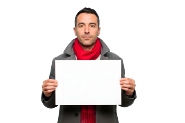 Stylish man presenting a blank board mokup for your message, perfect for advertising or announcements this season