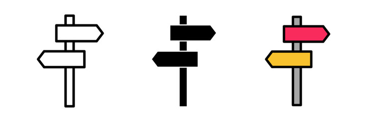 Road sign icon typically depicted as a triangular, rectangular, or circular signpost, symbolizing traffic instructions, warnings, or directions.