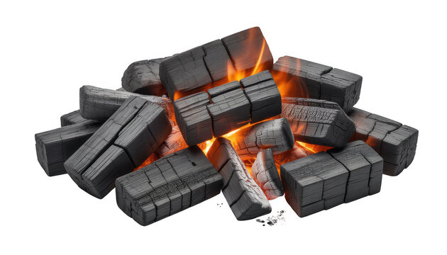 Pile of glowing hot charcoal briquettes with orange flames and embers isolated on a transparent background