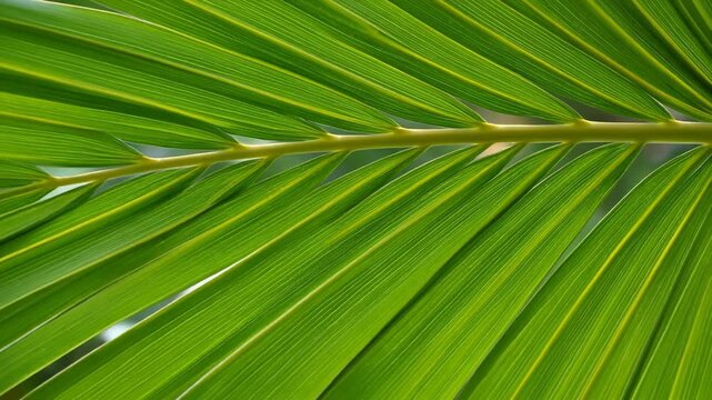 Closeup of vibrant green coconut palm frond showing detailed parallel veins and healthy foliage in natural outdoor light.