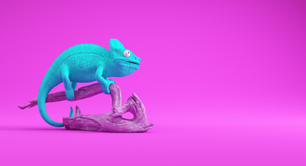 Bright turquoise chameleon climbing a branch against a vibrant yellow background