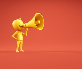 Bright yellow figure with megaphone promoting a message against a vibrant red background