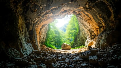 Cave entrance with bright light illuminating the path to a vibrant green forest, natural rock formations, and sunlit trees at the end of a dark passage.