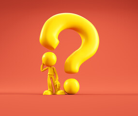 Bright yellow figure stands puzzled next to large question mark on vibrant red background during imaginative concept scene