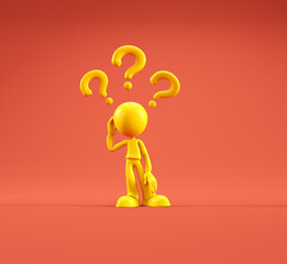 Bright yellow figure standing in confusion with floating question marks on a red background