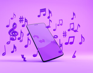Creative phone design with floating musical notes in a purple background