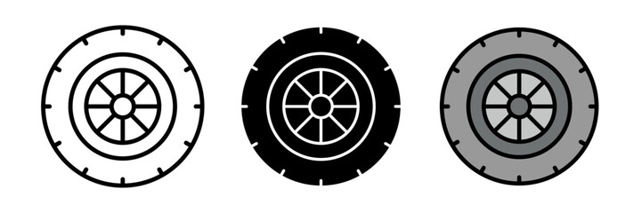 Obraz premium Tire icon typically shown as a circular wheel with treads, symbolizing vehicles, automotive parts, or transportation.