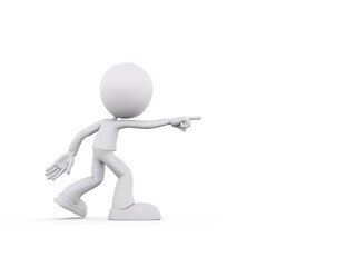 Cartoon character gestures and points with enthusiasm in a dynamic pose on a plain background