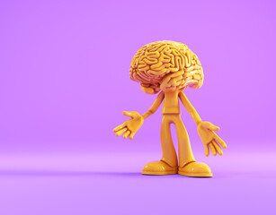 Funny yellow character with a brain for a head standing on a purple background with open arms