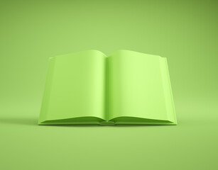 Green open book floating in the air on a solid green background creating a calm and minimalist scene.