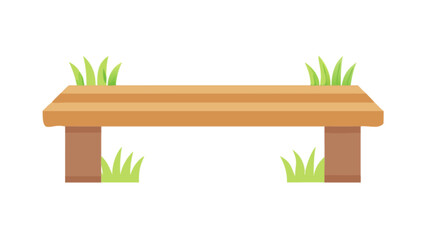 Obraz premium Simple flat design illustration of a rustic outdoor wooden bench or picnic table with vibrant green grass elements on a clean background, perfect for game assets or nature themes.