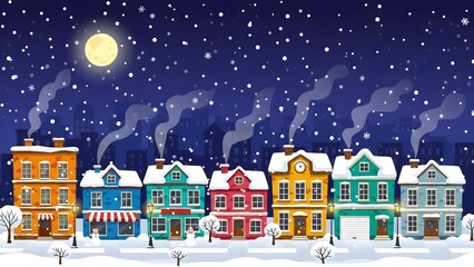 Charming colorful row of houses covered in snow under a dark blue night sky with falling snow and a bright full moon above a winter town