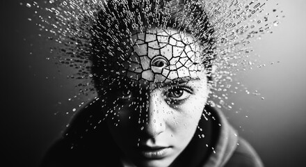 An expressive black and white portrait featuring an individual with water elements, evoking themes of introspection and vulnerability. 