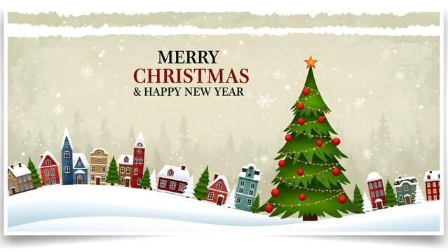 Merry christmas and happy new year greeting card design featuring a decorated evergreen tree and a snowy village landscape with falling snow
