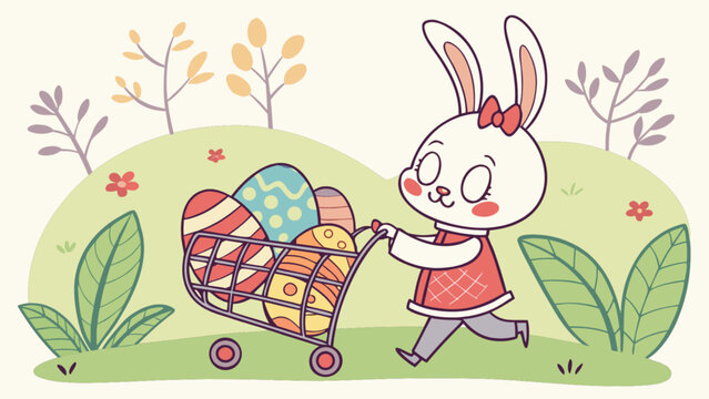 Adorable easter bunny with a red bow joyfully pushes a shopping cart full of colorful, patterned easter eggs across a vibrant green spring landscape, celebrating the holiday season.