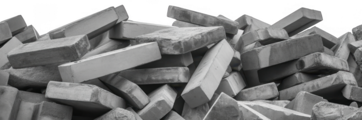 Pile of gray concrete construction blocks with rough textures and sharp edges isolated on a transparent background