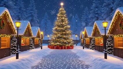 Magical christmas market scene at night with a brightly lit tree, snowcovered wooden stalls, and glowing street lamps creating a festive winter wonderland atmosphere