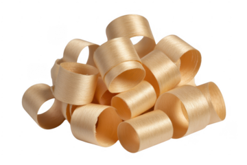 Pile of light brown wood shavings curled into tubes and spirals isolated on a transparent background
