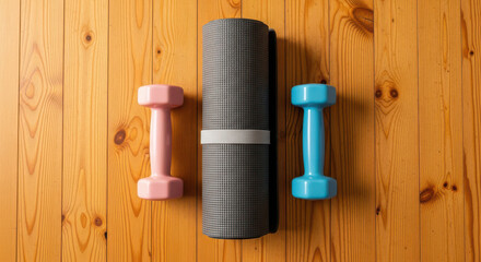 Yoga mat and dumbbells on a wooden floor for home fitness