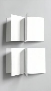 Two open plain white softcover books resting on a gray surface for mockups and minimalist backdrops, representing publication and creativity.