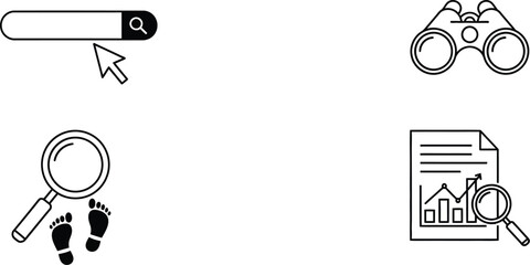 Outline vector icon set featuring binoculars document indent and zoom for user interface
