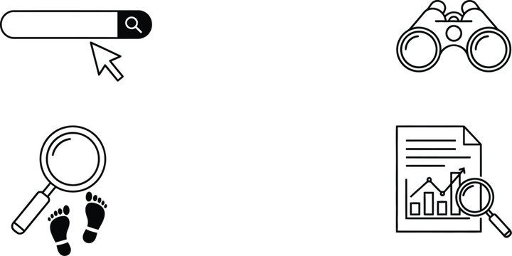 Outline vector icon set featuring binoculars document indent and zoom for user interface