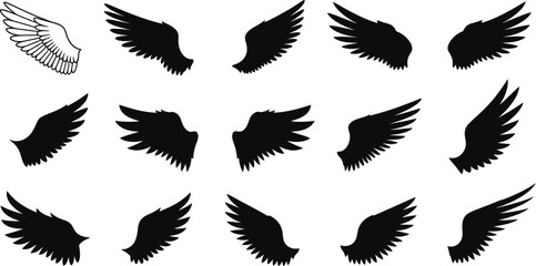 Naklejka premium Set of 12 wing vector icon silhouettes for various flying, freedom, or angelic concepts on dark background