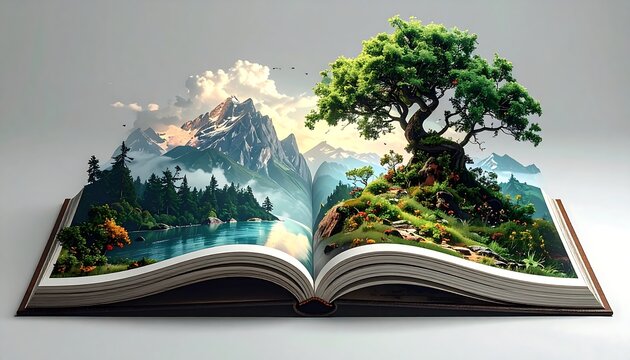 An open book springs to life with vibrant landscapes. Mountains, trees, and water fill the pages, revealing a miniature world