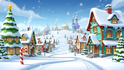 Fototapeta premium Charming cartoon christmas village scene with snowcovered houses, a decorated tree, and a candy cane on a bright winter day