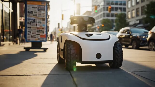 A white autonomous delivery robot with a sensor array on top, driving on a sunny city sidewalk next to a street with cars and buildings.