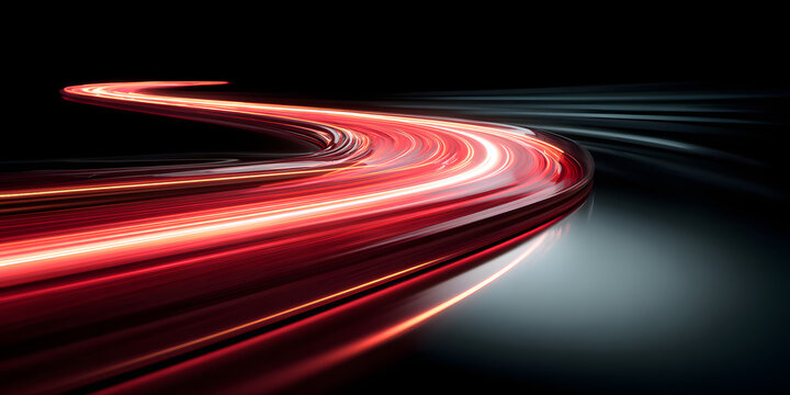 Striking red light streak on a deep dark background vividly symbolizes the concept of fast movement and digital speed, showcasing innovation in contemporary technology design