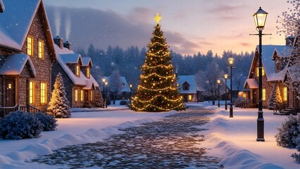 Cozy winter village scene at dusk with a brightly lit christmas tree in the center of a snowy street lined with illuminated houses