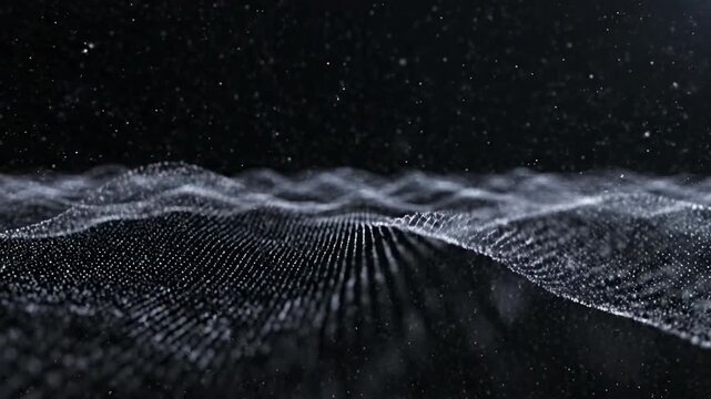 Slow panning through a seemingly infinite digital void of undulating dark particles forming an abstract, illusionary blank canvas motion, subtle, canvas